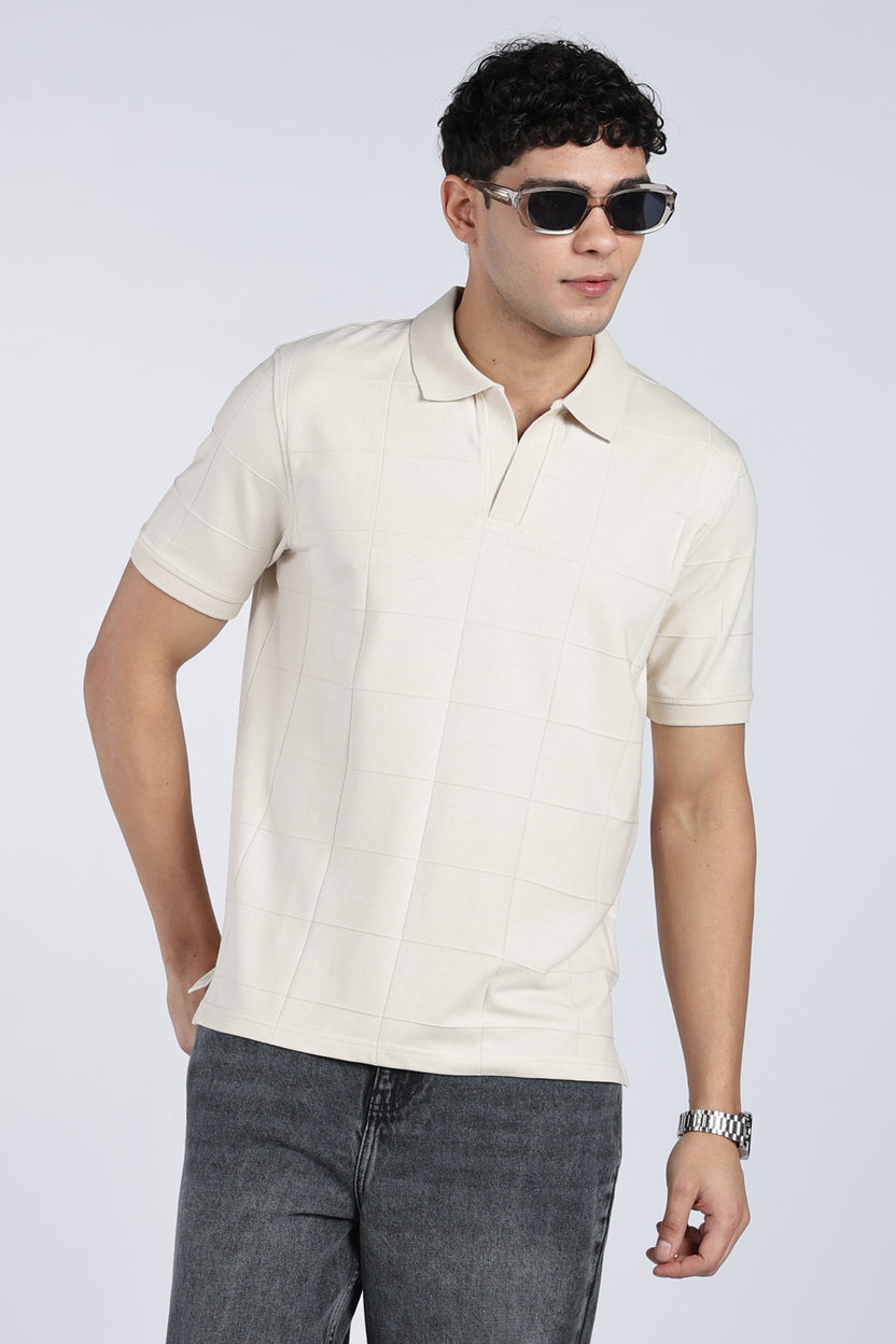 Beige Self Design Regular Fit Polo T-Shirt - Image 1