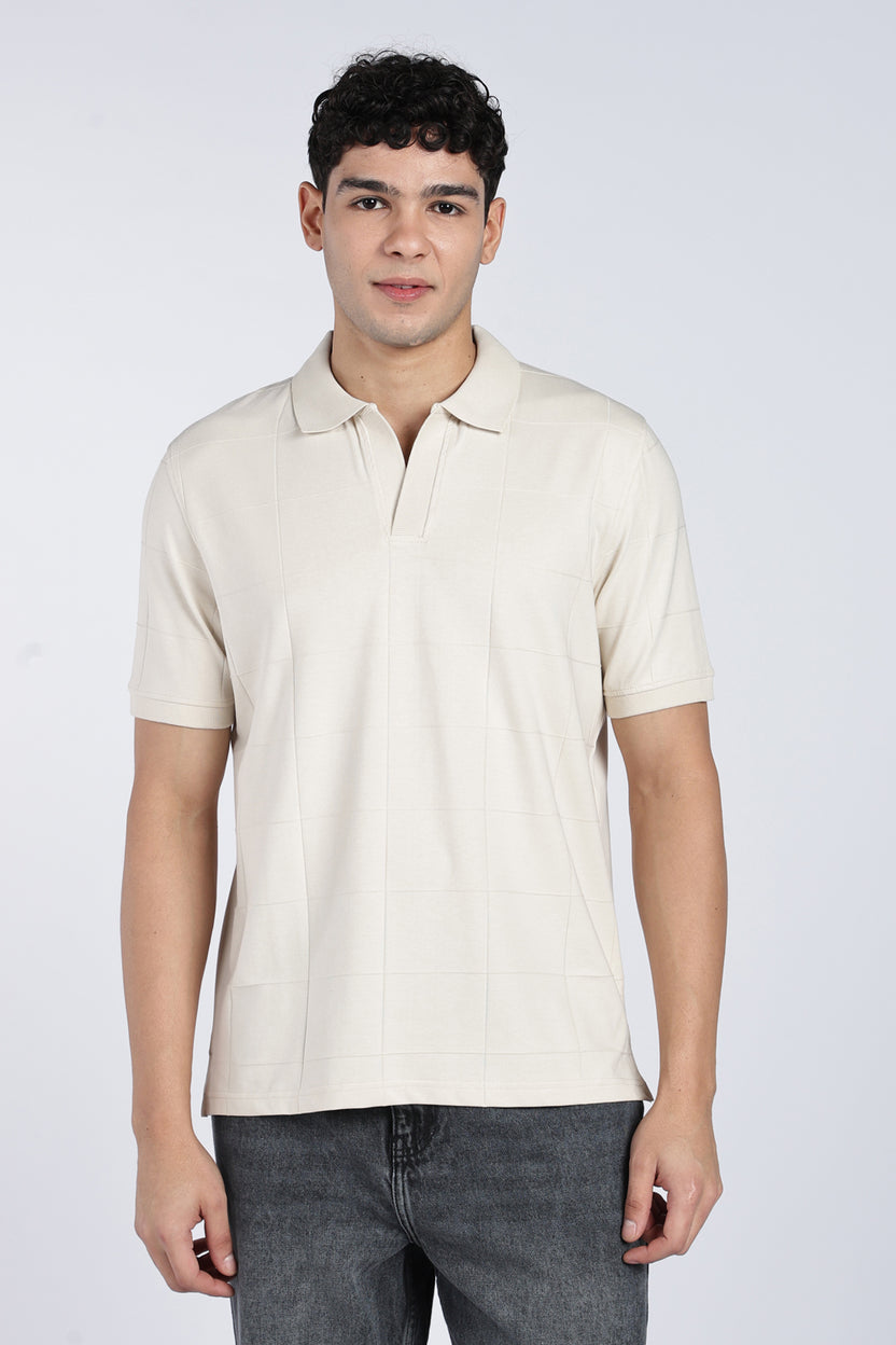 Mens Beige Square Self Design Regular Fit Polo - Image 2