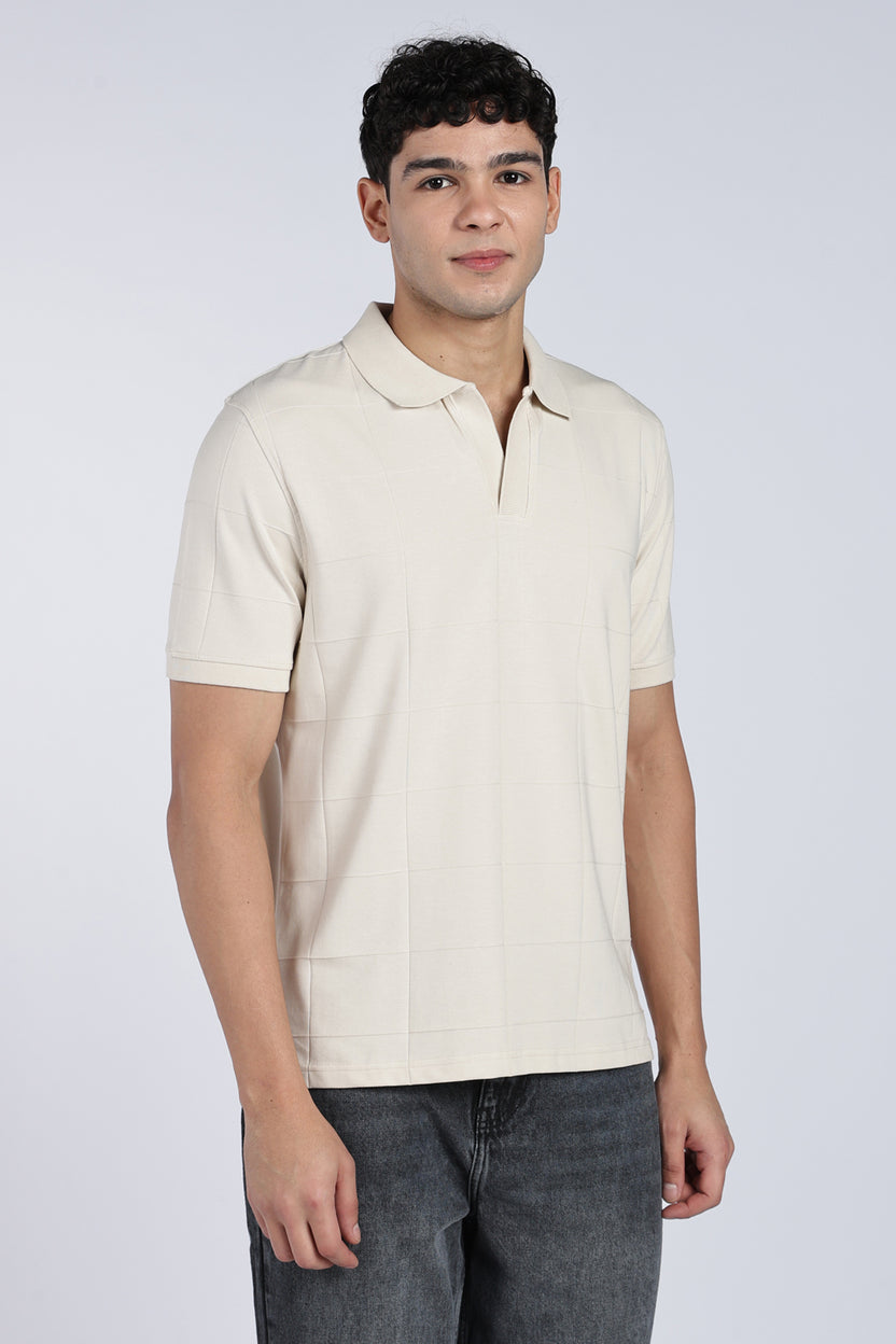 Mens Beige Square Self Design Regular Fit Polo - Image 4