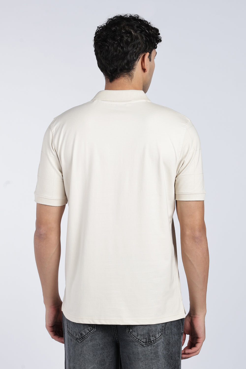 Mens Beige Square Self Design Regular Fit Polo - Image 5