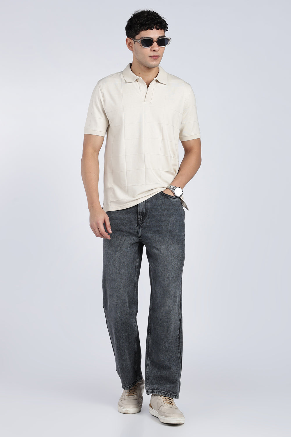 Mens Beige Square Self Design Regular Fit Polo - Image 6