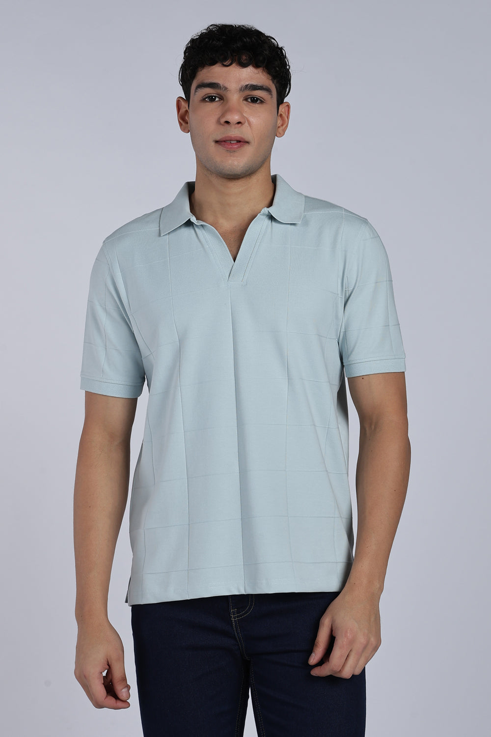 Regular Mens Square Self Design Blue Polo - Image 2