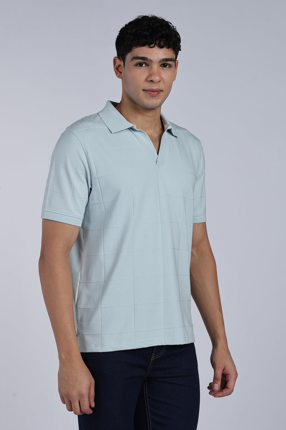 Regular Mens Square Self Design Blue Polo - Image 4