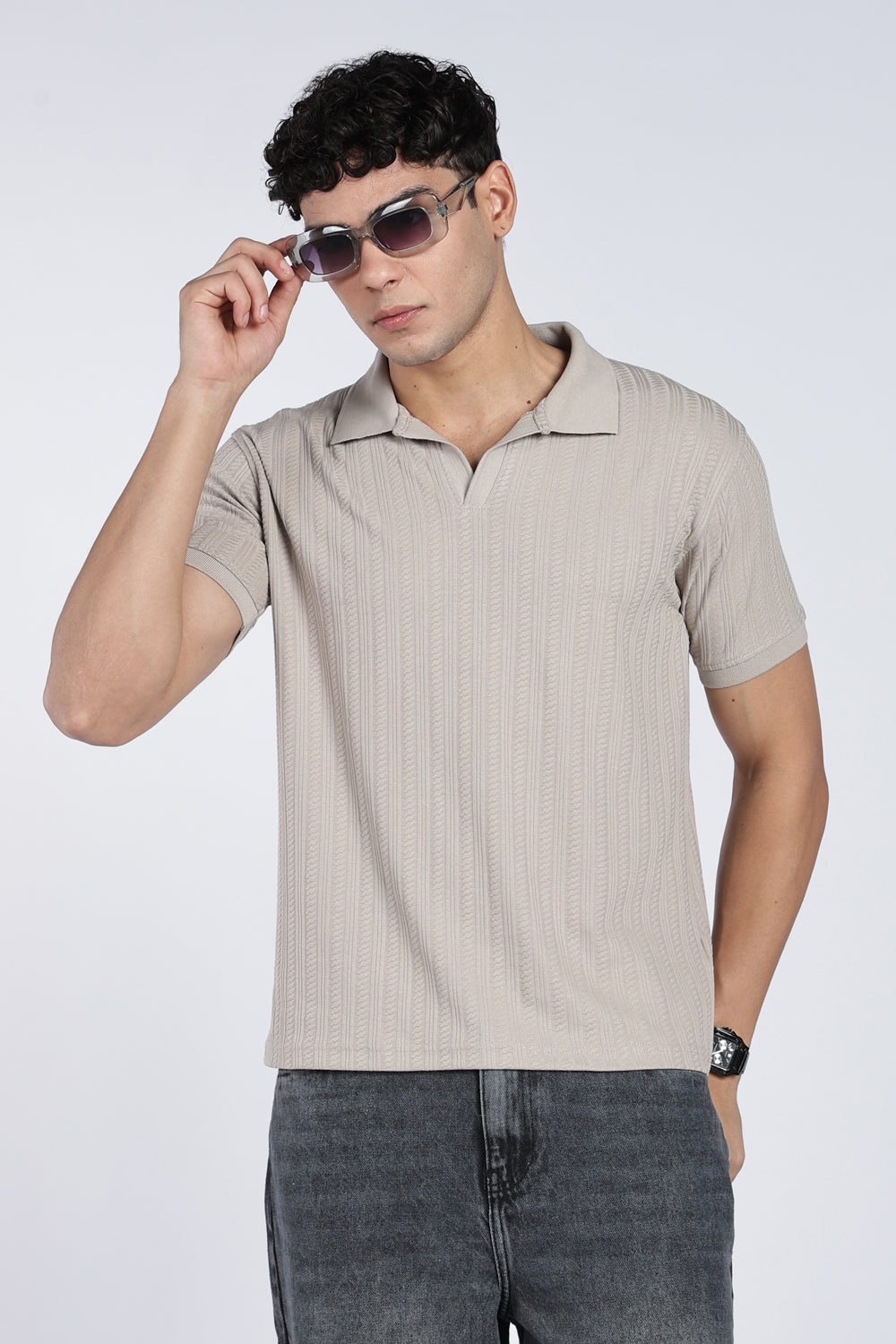 Mens Regular Grey Self Design Polo T-Shirt - Image 1