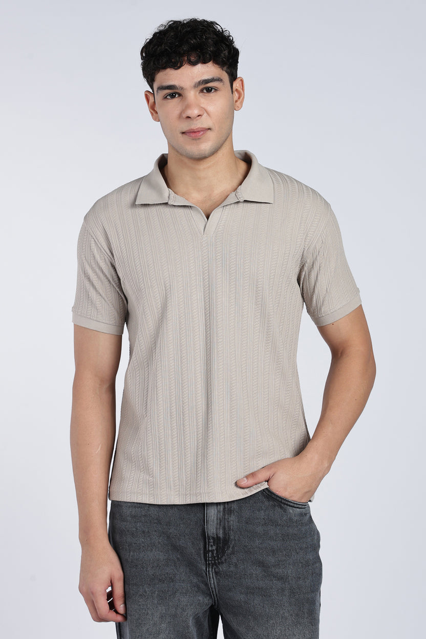 Mens Regular Grey Self Design Polo T-Shirt - Image 2