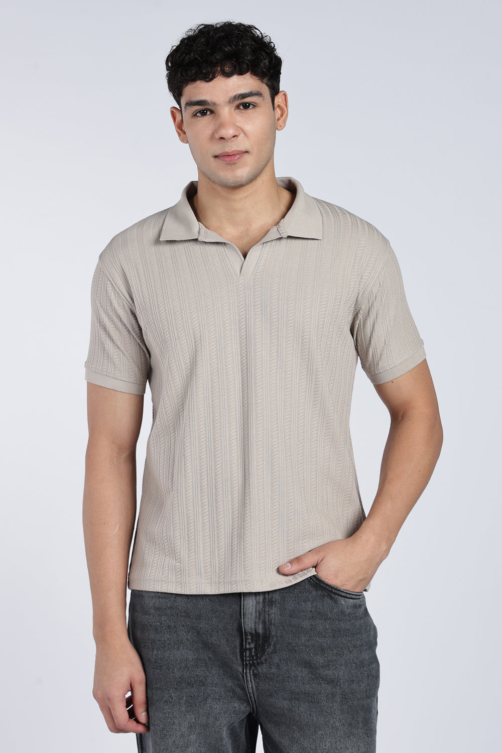 Mens Regular Grey Self Design Polo T-Shirt - Image 2