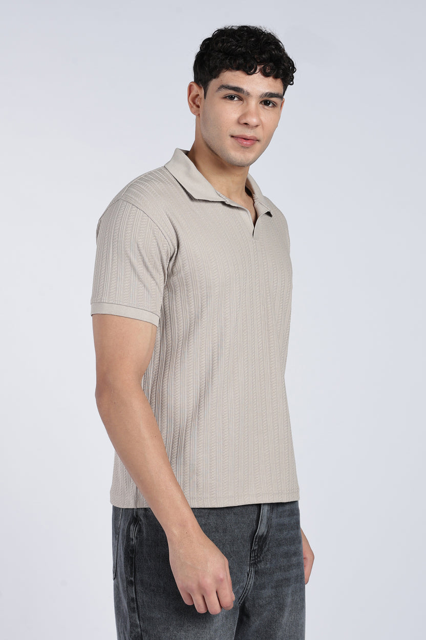 Mens Regular Grey Self Design Polo T-Shirt - Image 4