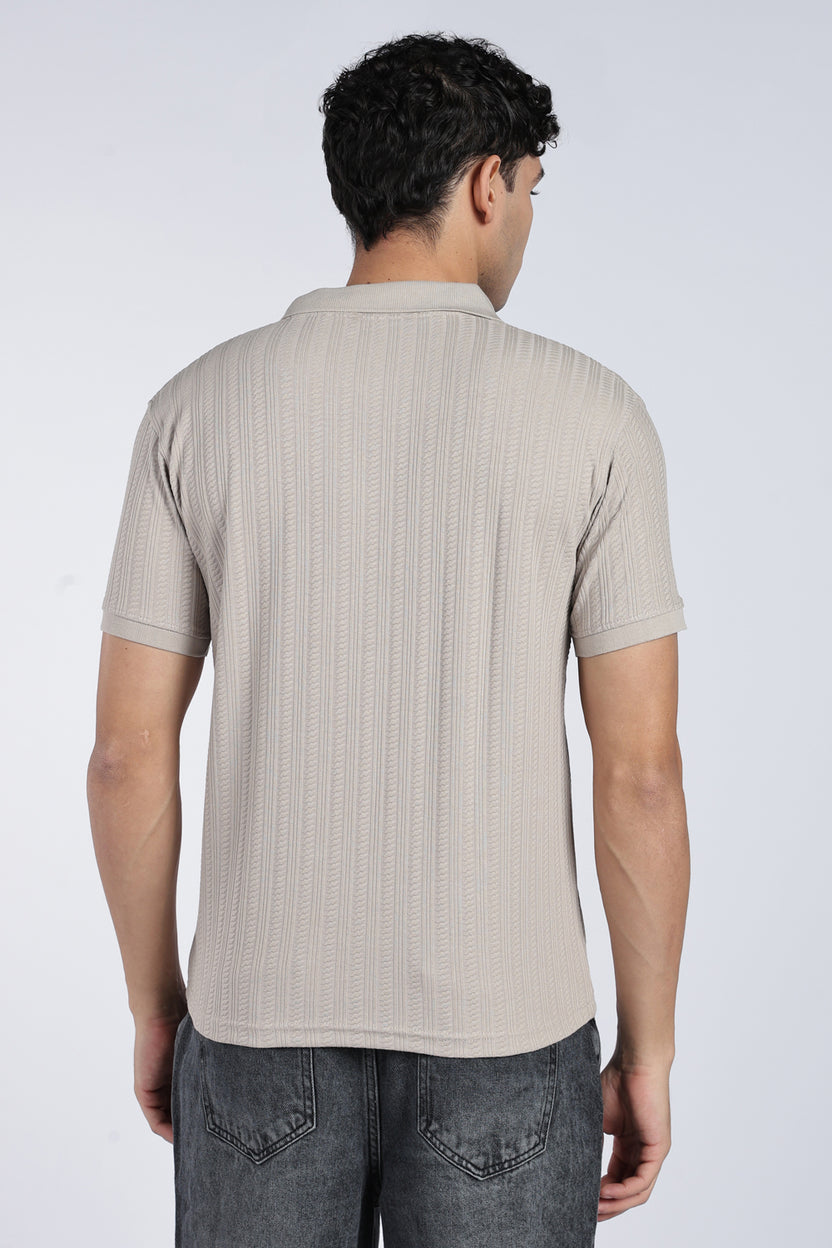 Mens Regular Grey Self Design Polo T-Shirt - Image 5