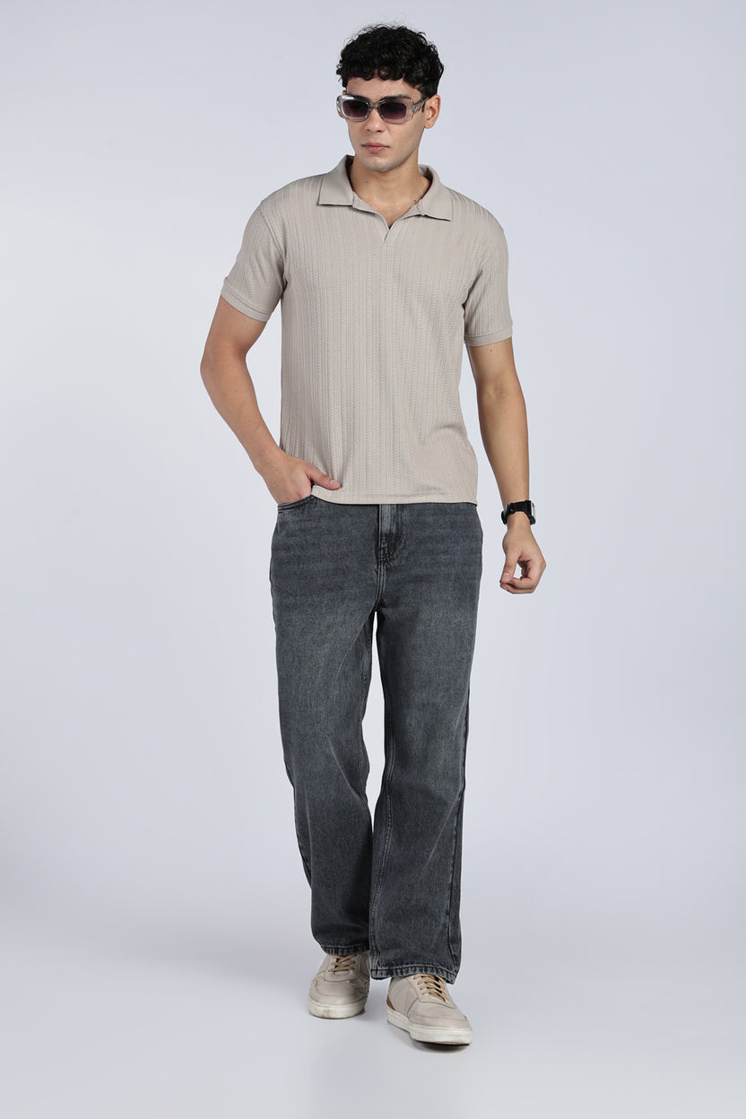 Mens Regular Grey Self Design Polo T-Shirt - Image 7