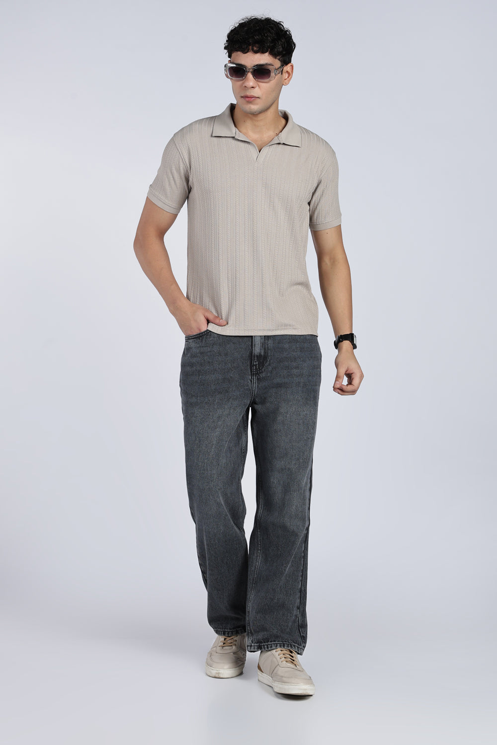 Mens Regular Grey Self Design Polo T-Shirt - Image 7