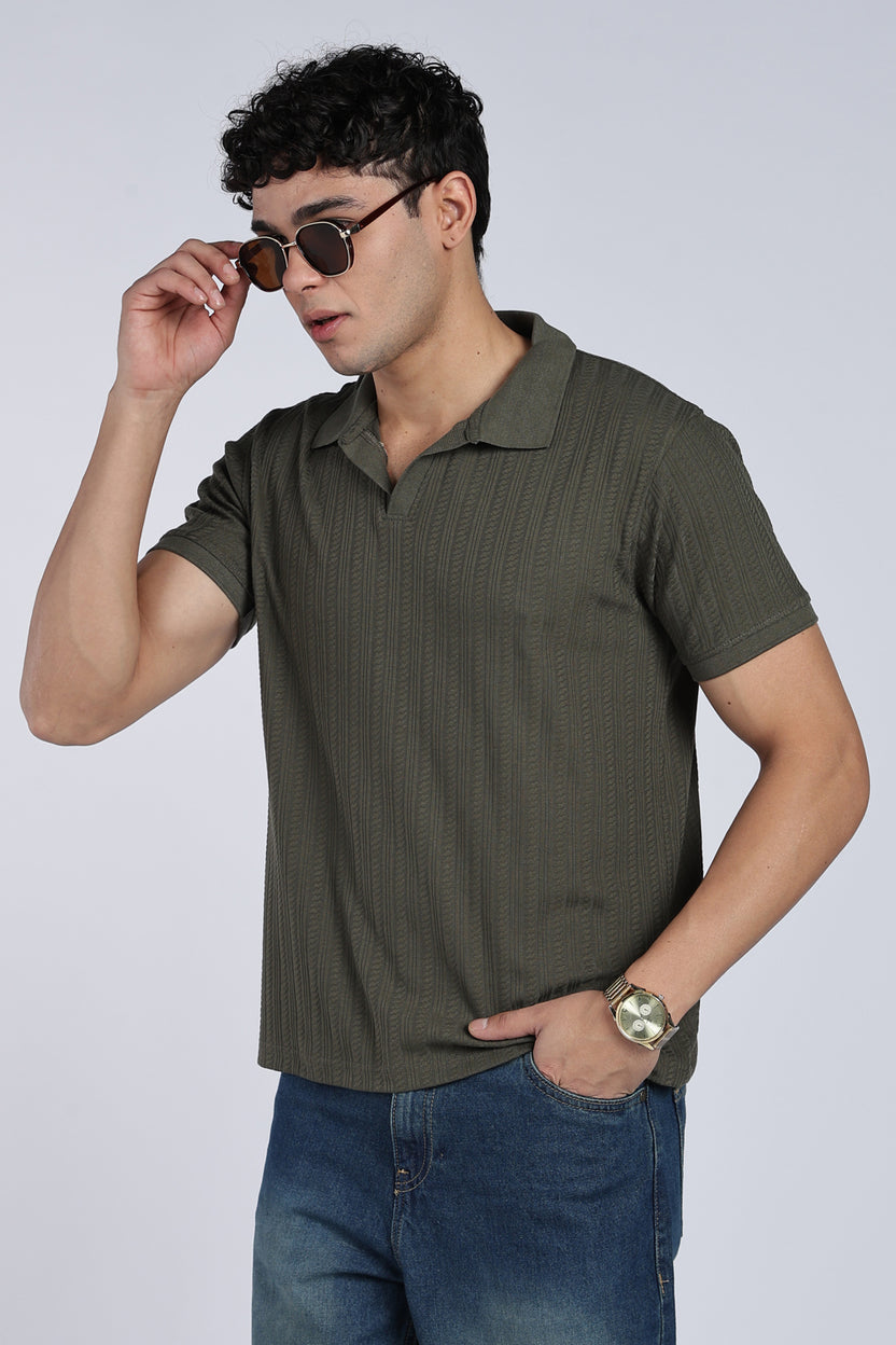 Olive Self Design Regular Fit Polo T-Shirt - Image 1
