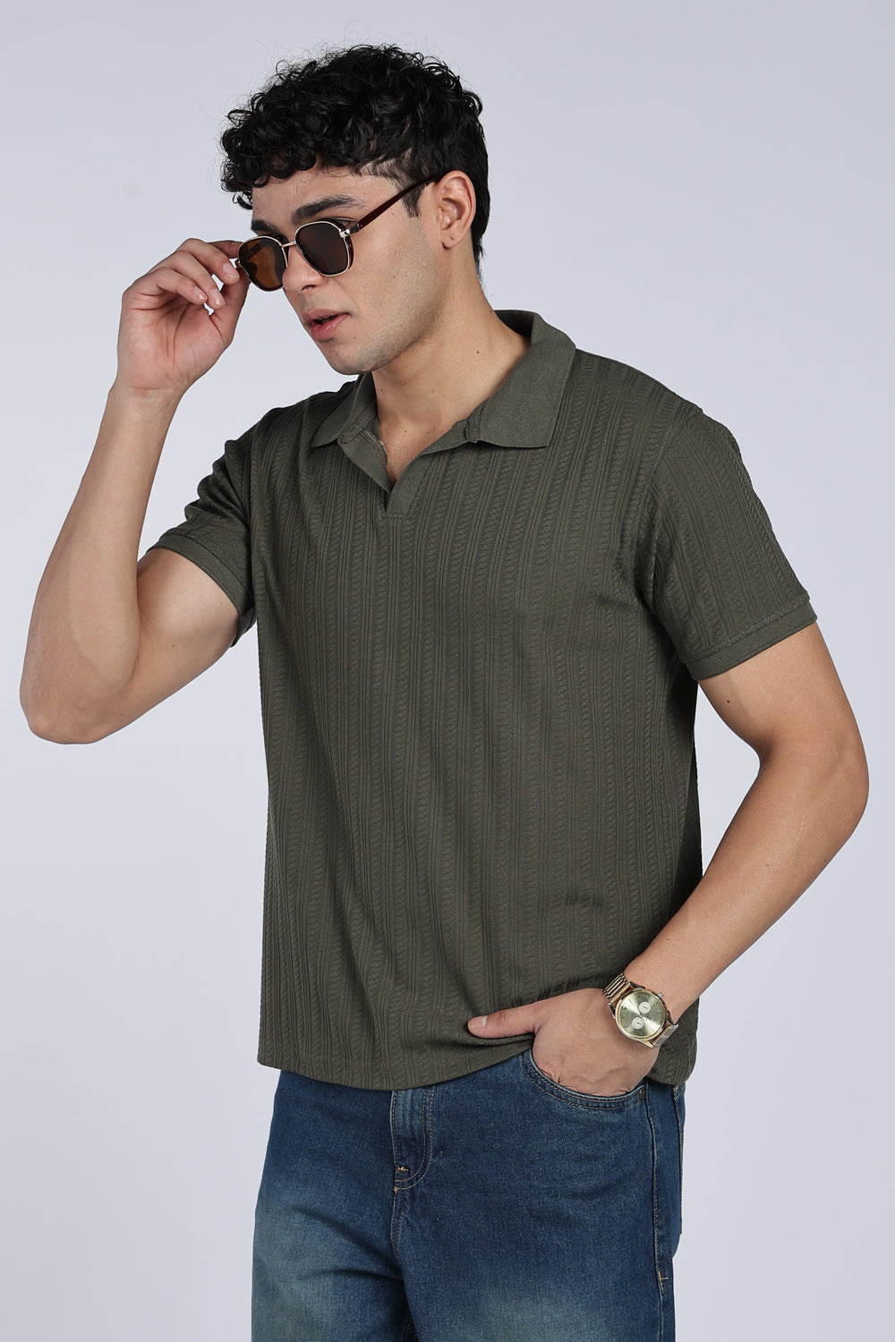 Mens Regular Olive Self Design Polo T-Shirt - Image 1