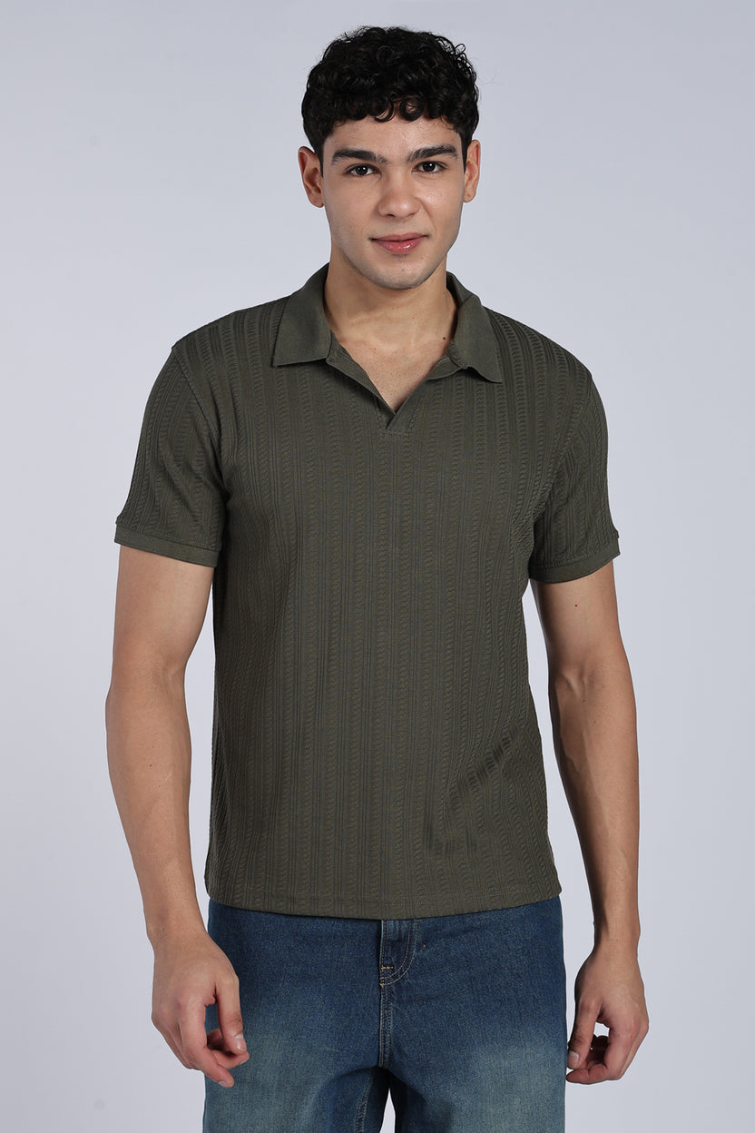 Mens Regular Olive Self Design Polo T-Shirt - Image 2