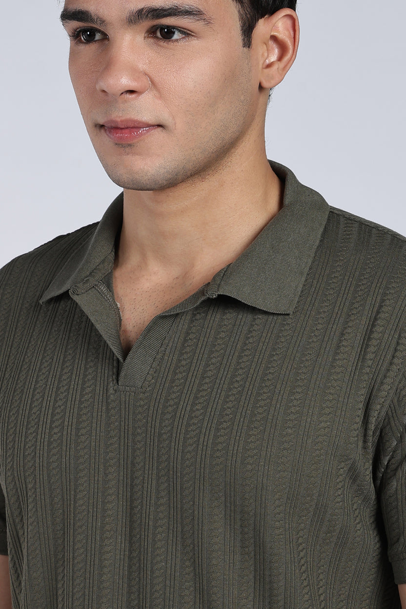 Mens Regular Olive Self Design Polo T-Shirt - Image 3