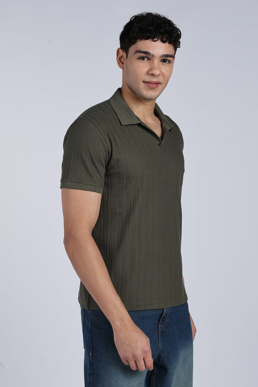Mens Regular Olive Self Design Polo T-Shirt - Image 4