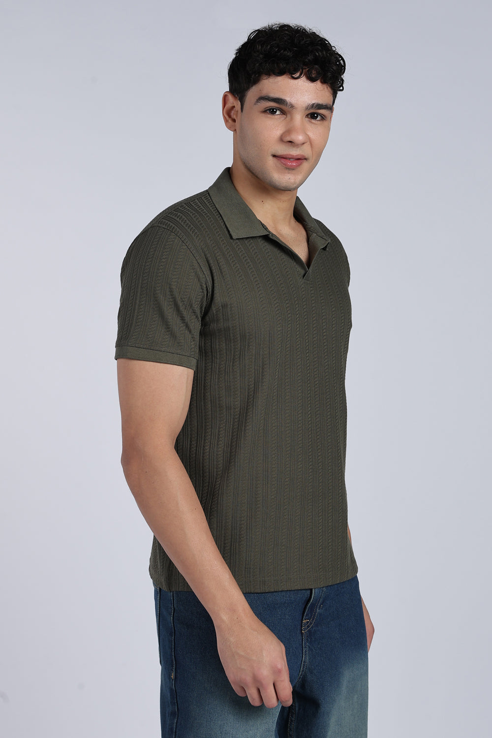 Mens Regular Olive Self Design Polo T-Shirt - Image 4