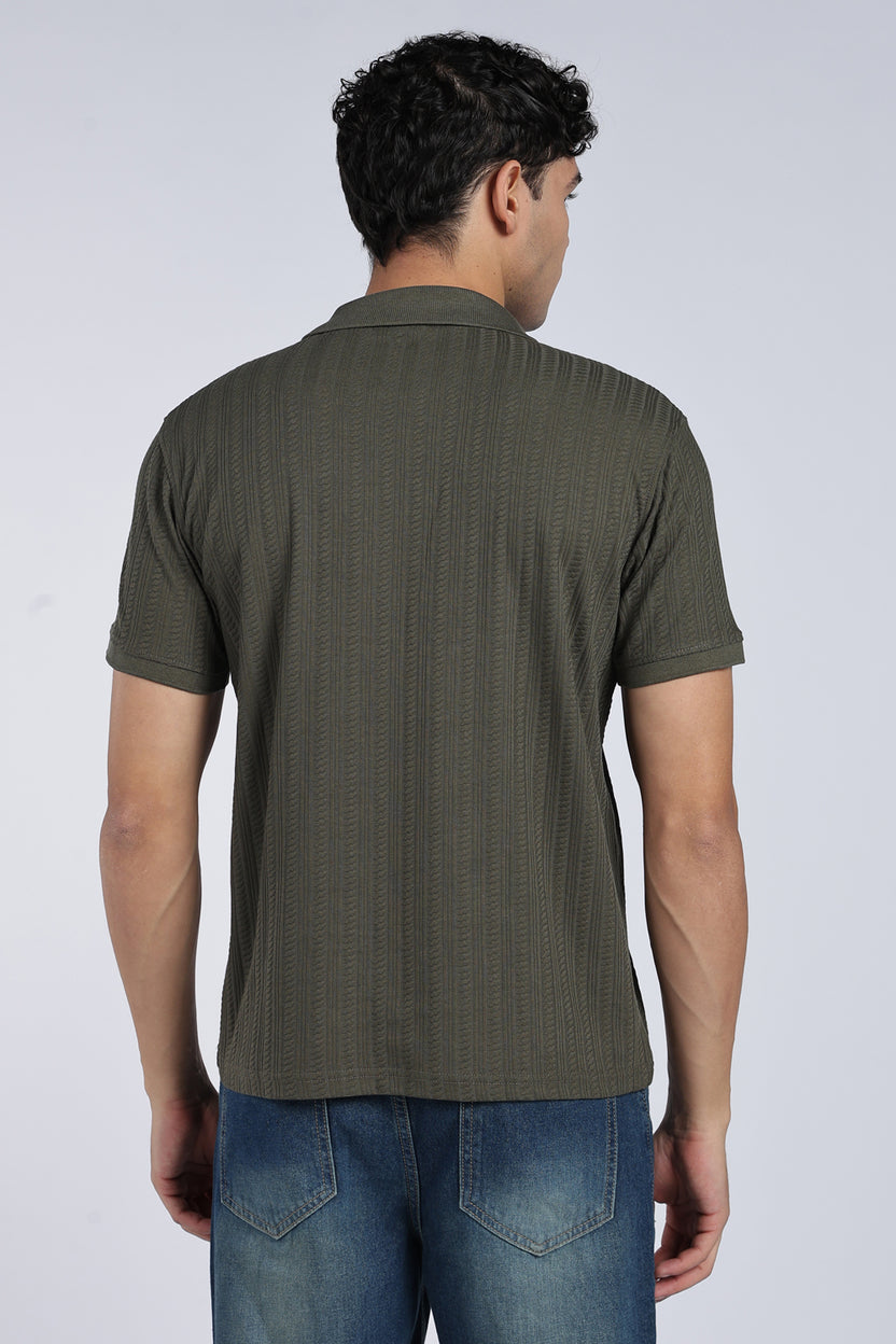 Mens Regular Olive Self Design Polo T-Shirt - Image 5