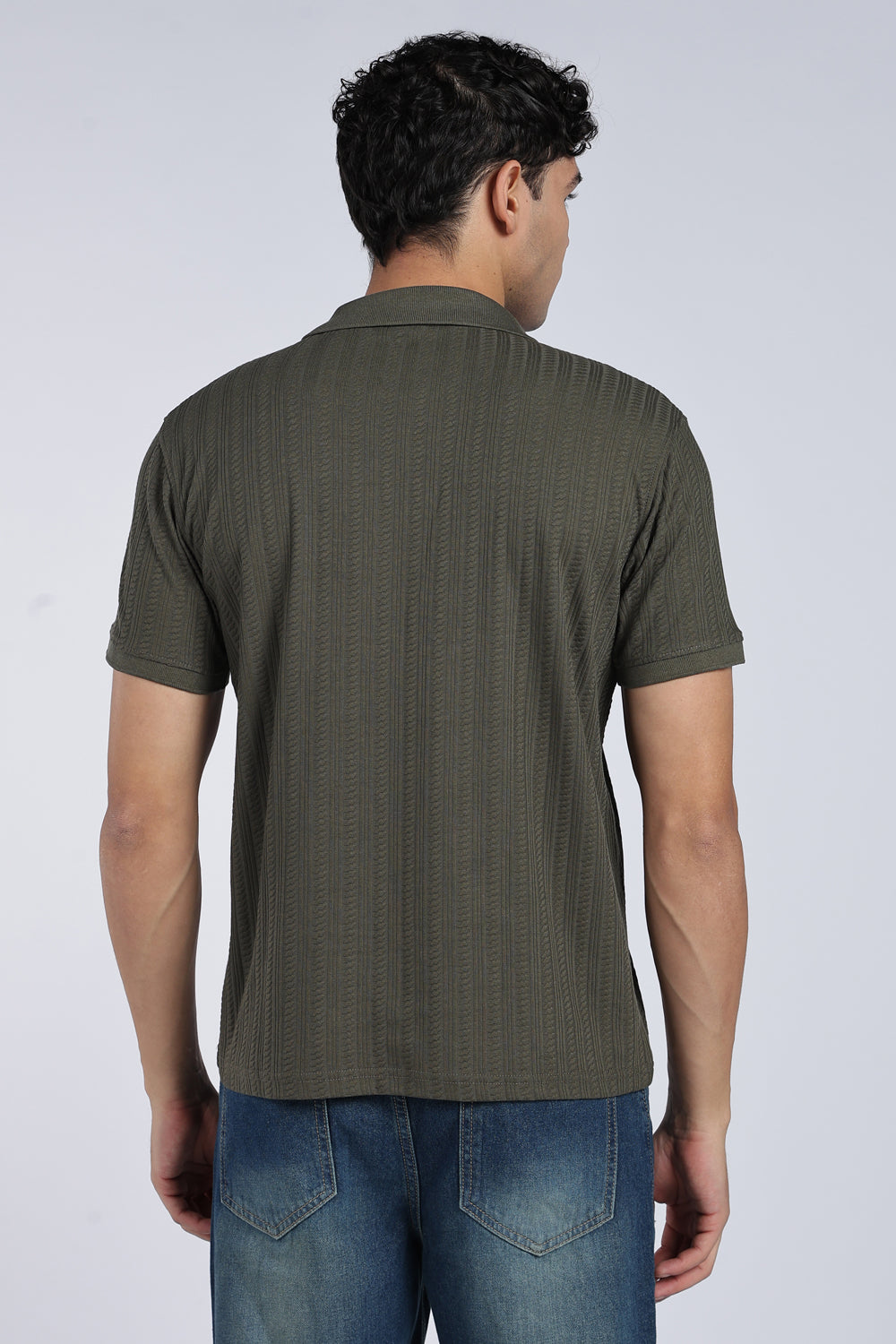Mens Regular Olive Self Design Polo T-Shirt - Image 5