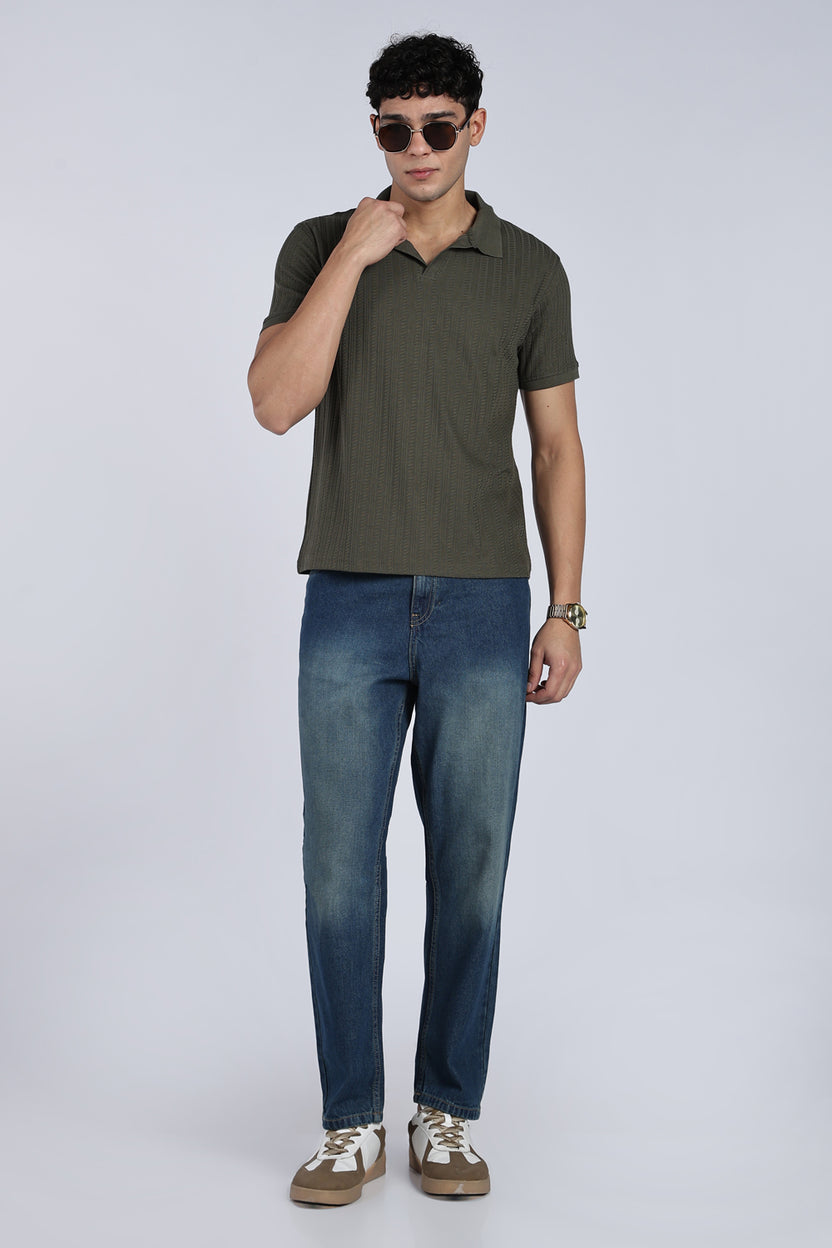 Mens Regular Olive Self Design Polo T-Shirt - Image 6