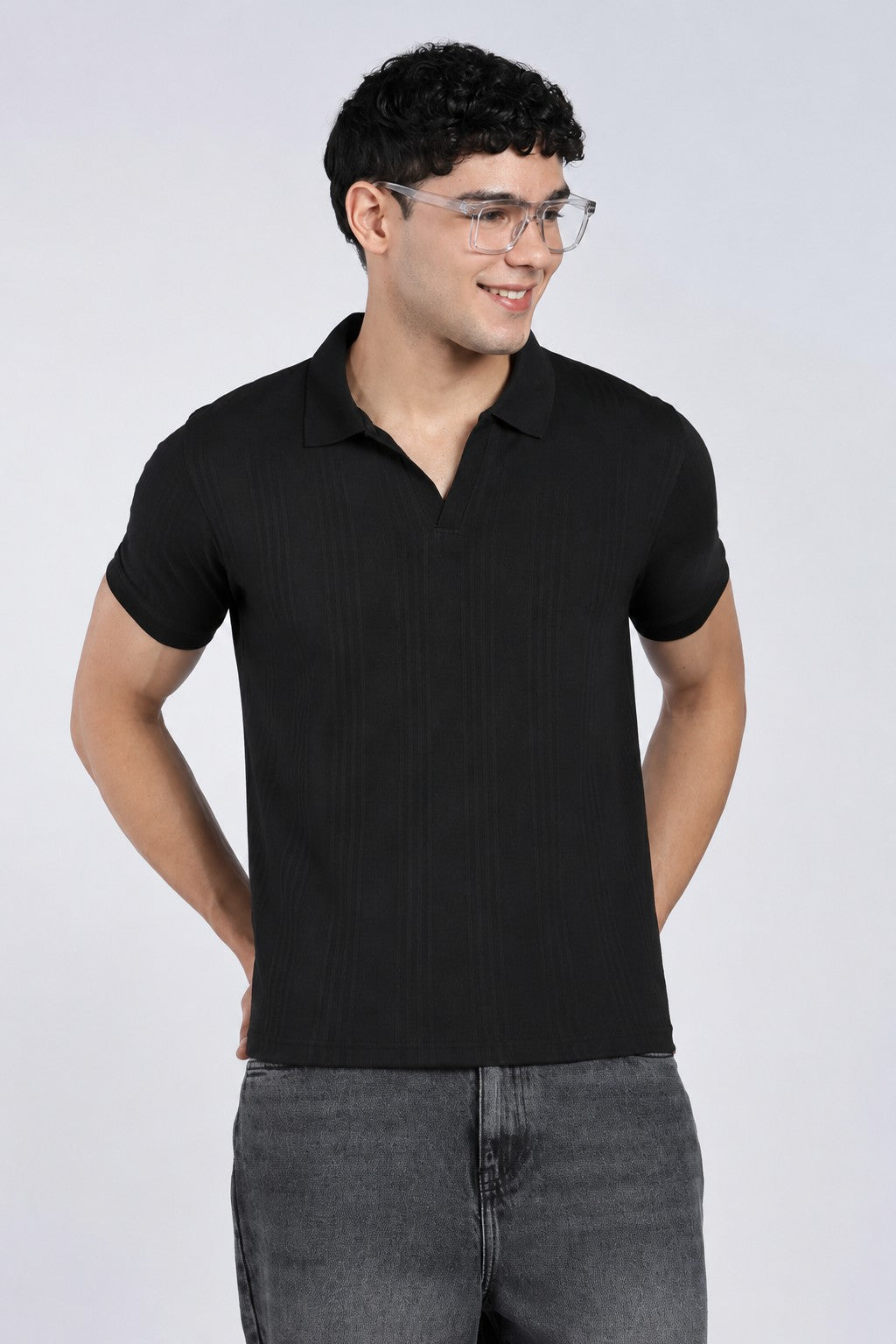Mens Regular Black Self Design Polo T-Shirt - Image 1