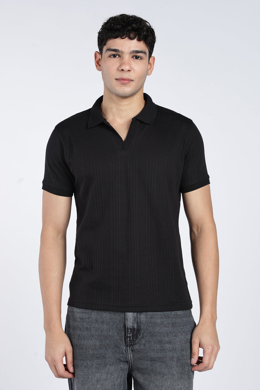Mens Regular Black Self Design Polo T-Shirt - Image 2