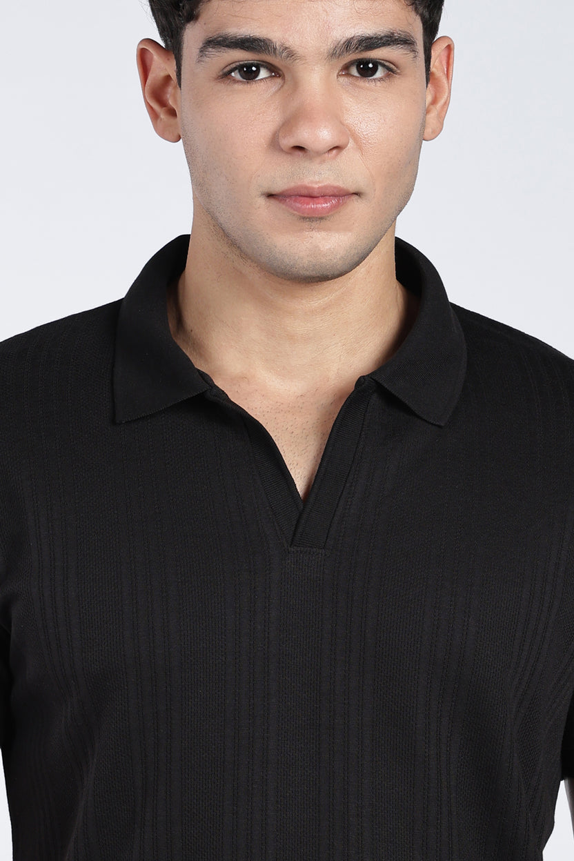 Mens Regular Black Self Design Polo T-Shirt - Image 3