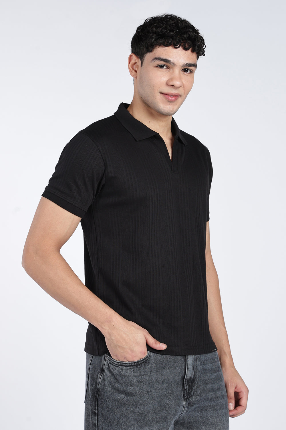 Mens Regular Black Self Design Polo T-Shirt - Image 4
