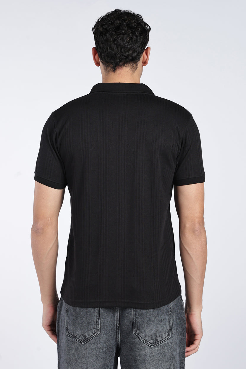 Mens Regular Black Self Design Polo T-Shirt - Image 5