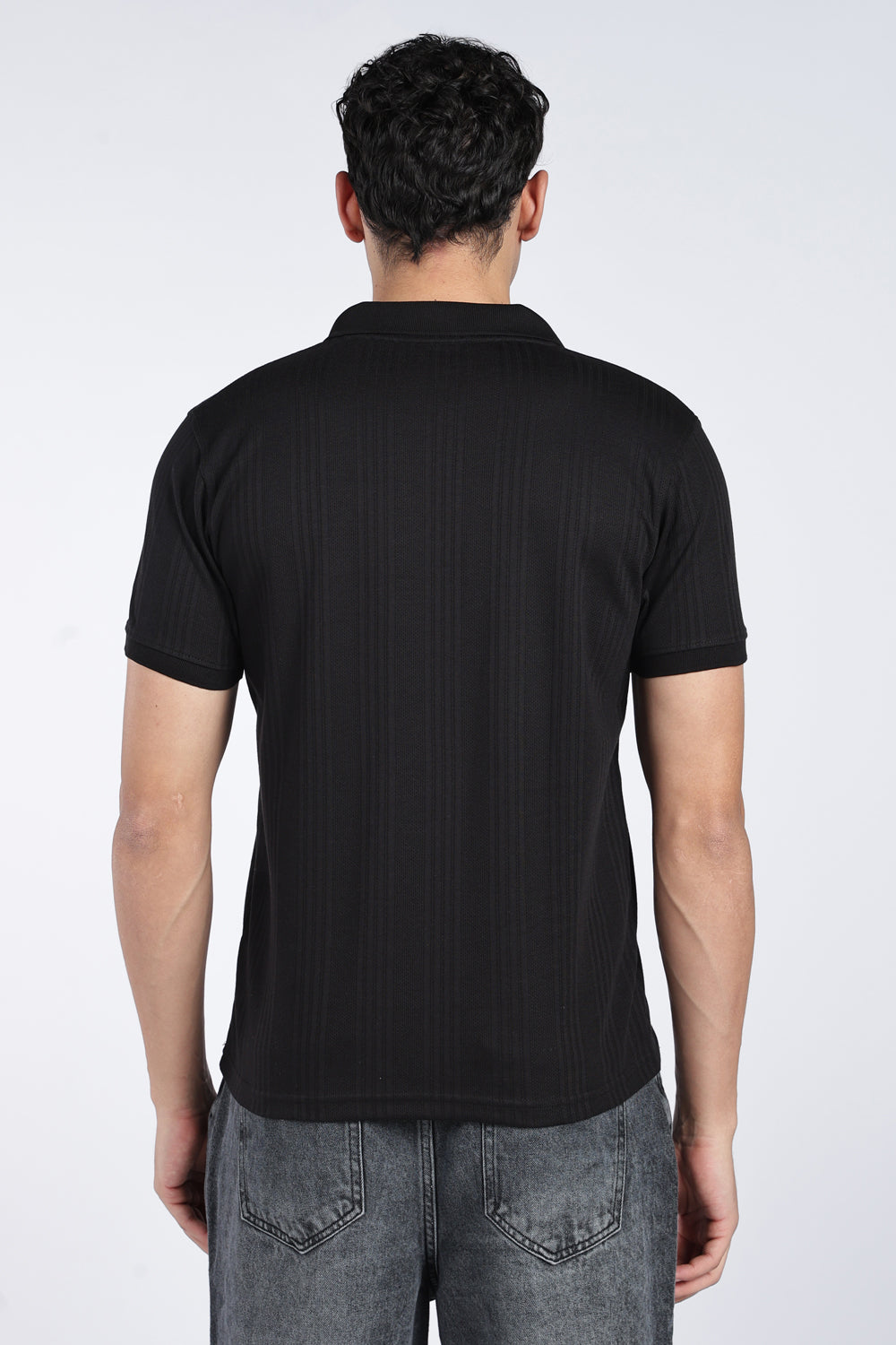 Mens Regular Black Self Design Polo T-Shirt - Image 5