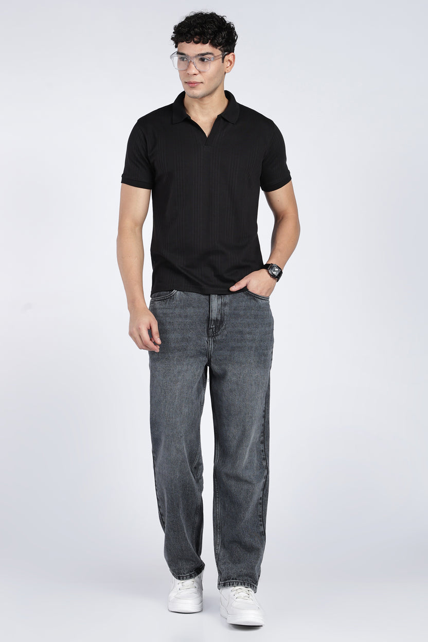 Mens Regular Black Self Design Polo T-Shirt - Image 6
