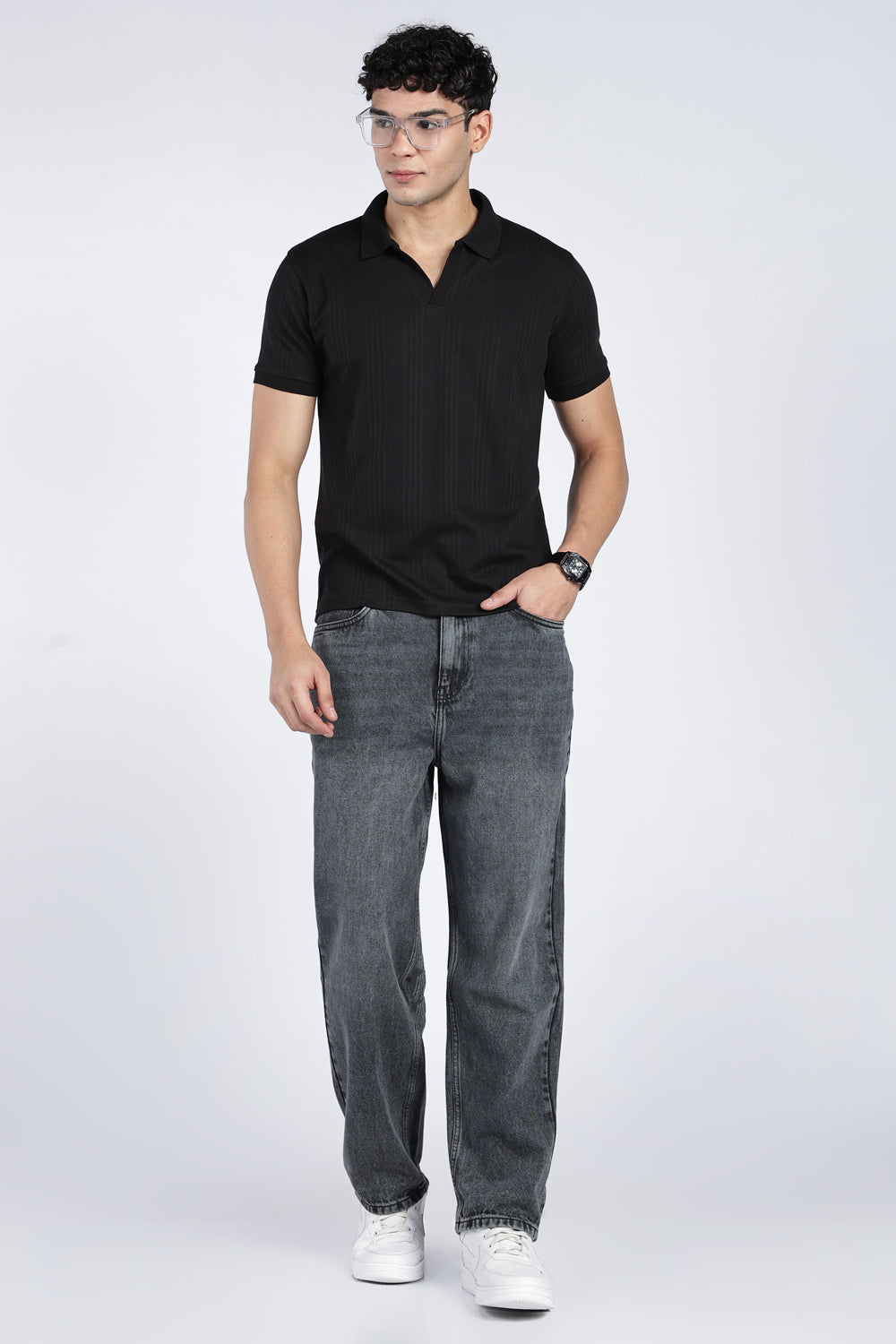 Mens Regular Black Self Design Polo T-Shirt - Image 6