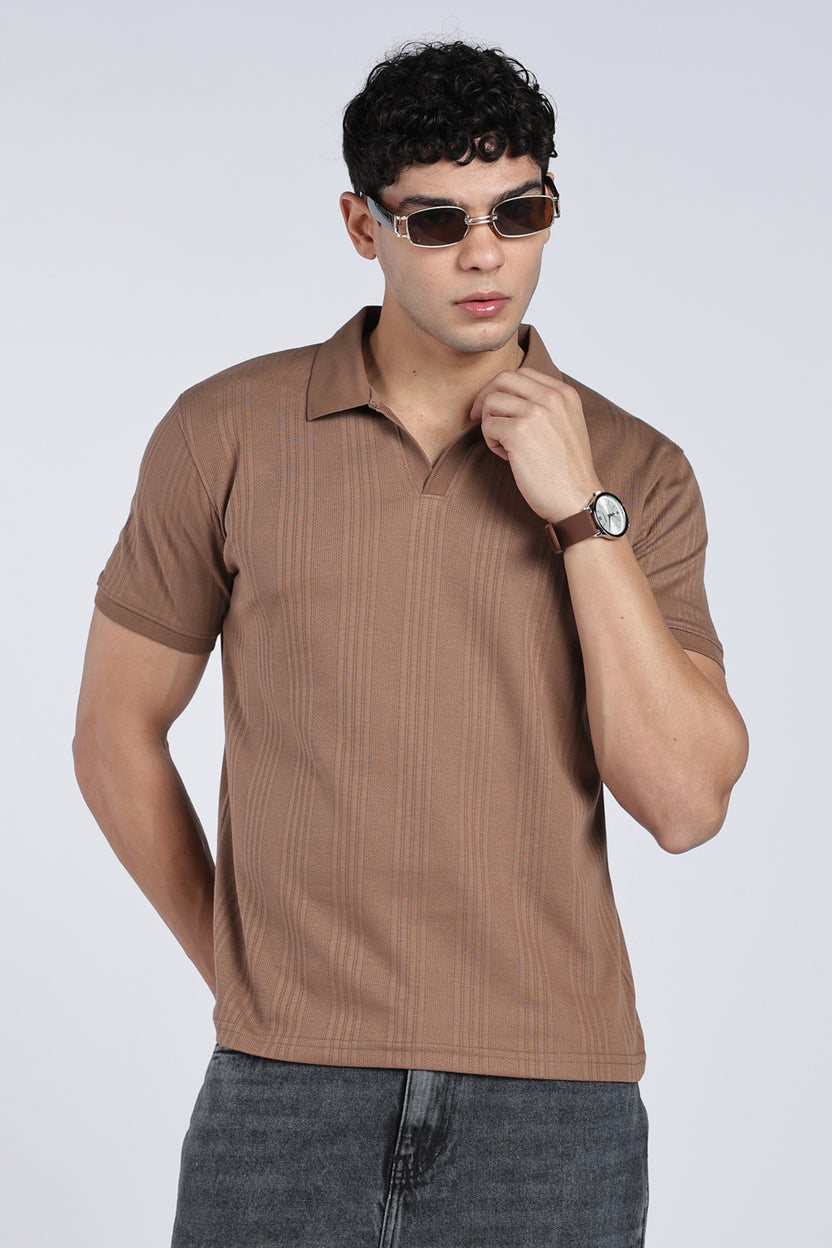 Tan Self Design Regular Fit Polo T-Shirt - Image 1