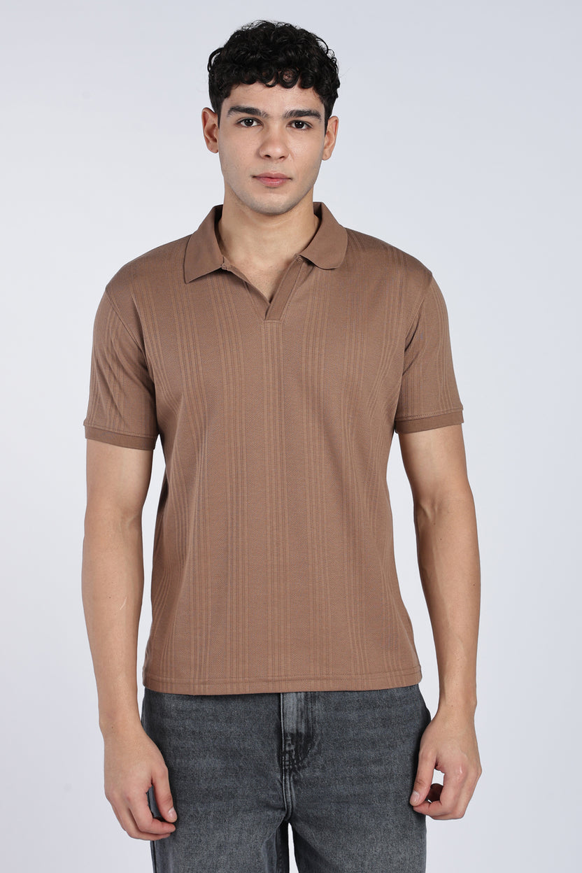 Mens Regular Tan Self Design Polo T-Shirt - Image 2