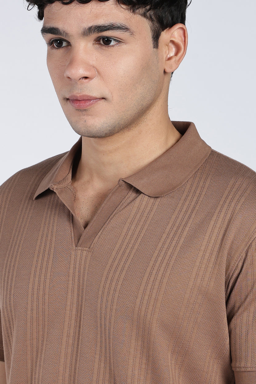 Mens Regular Tan Self Design Polo T-Shirt - Image 3