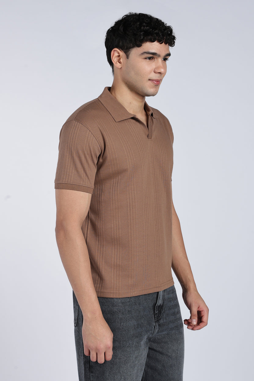 Mens Regular Tan Self Design Polo T-Shirt - Image 4