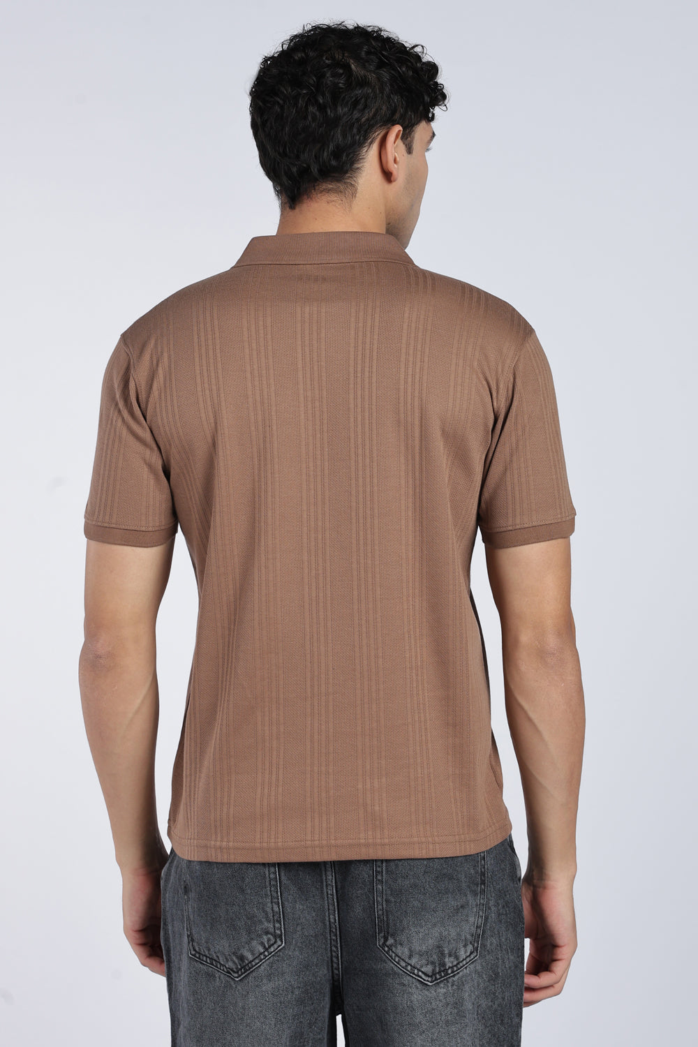 Mens Regular Tan Self Design Polo T-Shirt - Image 5