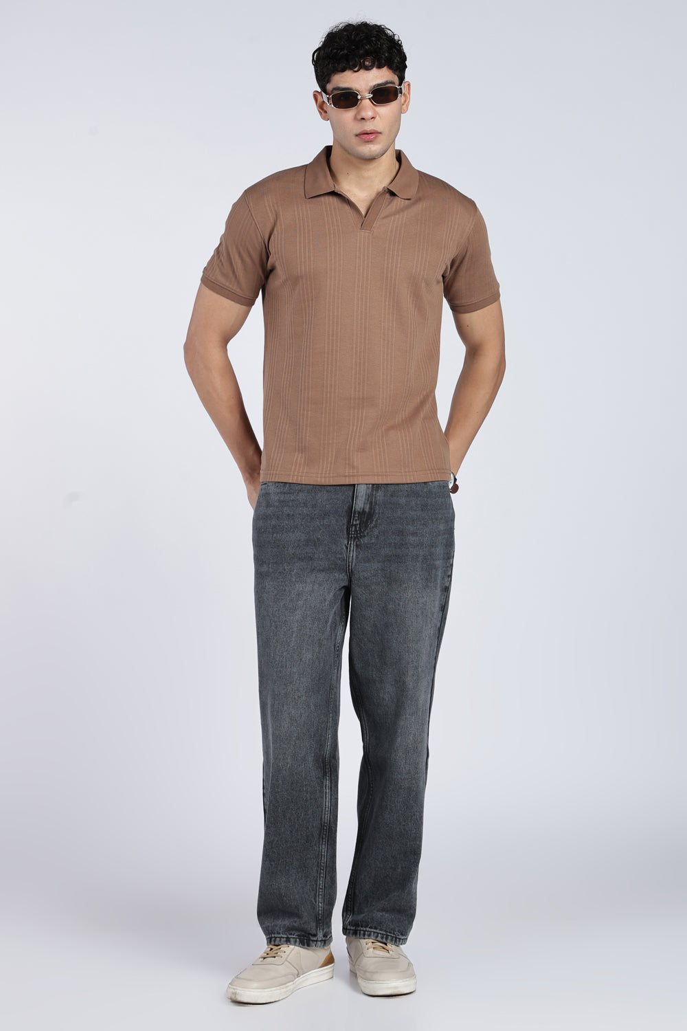 Mens Regular Tan Self Design Polo T-Shirt - Image 7