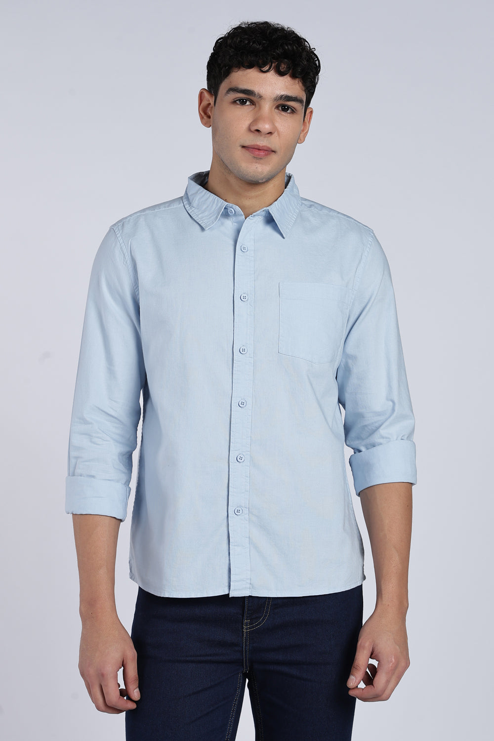 Light Blue Cotton Regular Fit Shirt For Men - Image 2