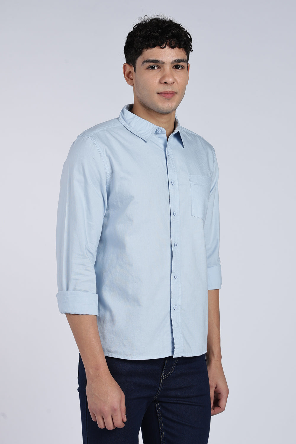 Light Blue Cotton Regular Fit Shirt For Men - Image 4