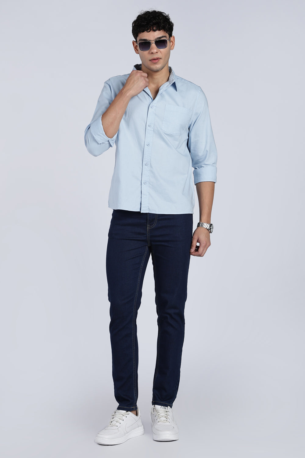 Light Blue Cotton Regular Fit Shirt For Men - Image 6