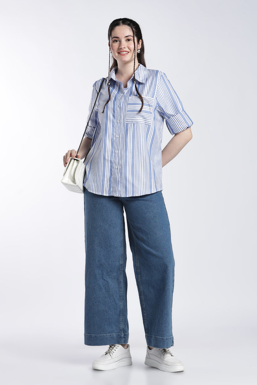 Blue Stripes Relaxed Fit Shirt for Women - Image 1