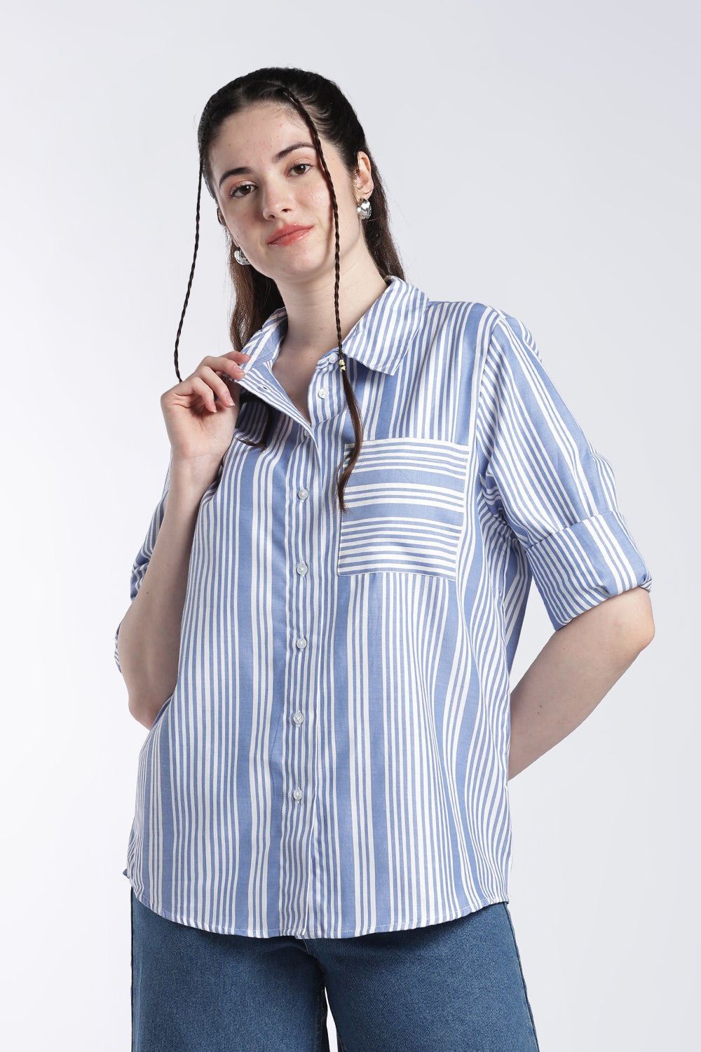 Blue Stripes Relaxed Fit Shirt for Women - Image 2