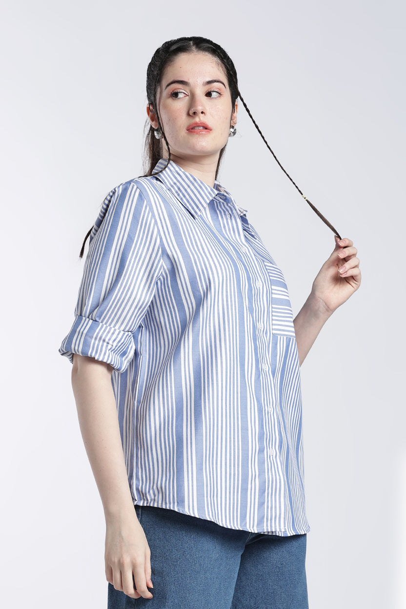 Blue Stripes Relaxed Fit Shirt for Women - Image 4