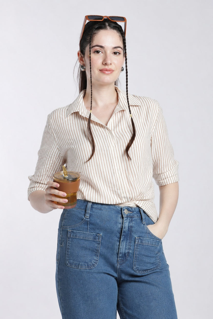 Beige Stripes Regular Fit Shirt For Women - Image 1