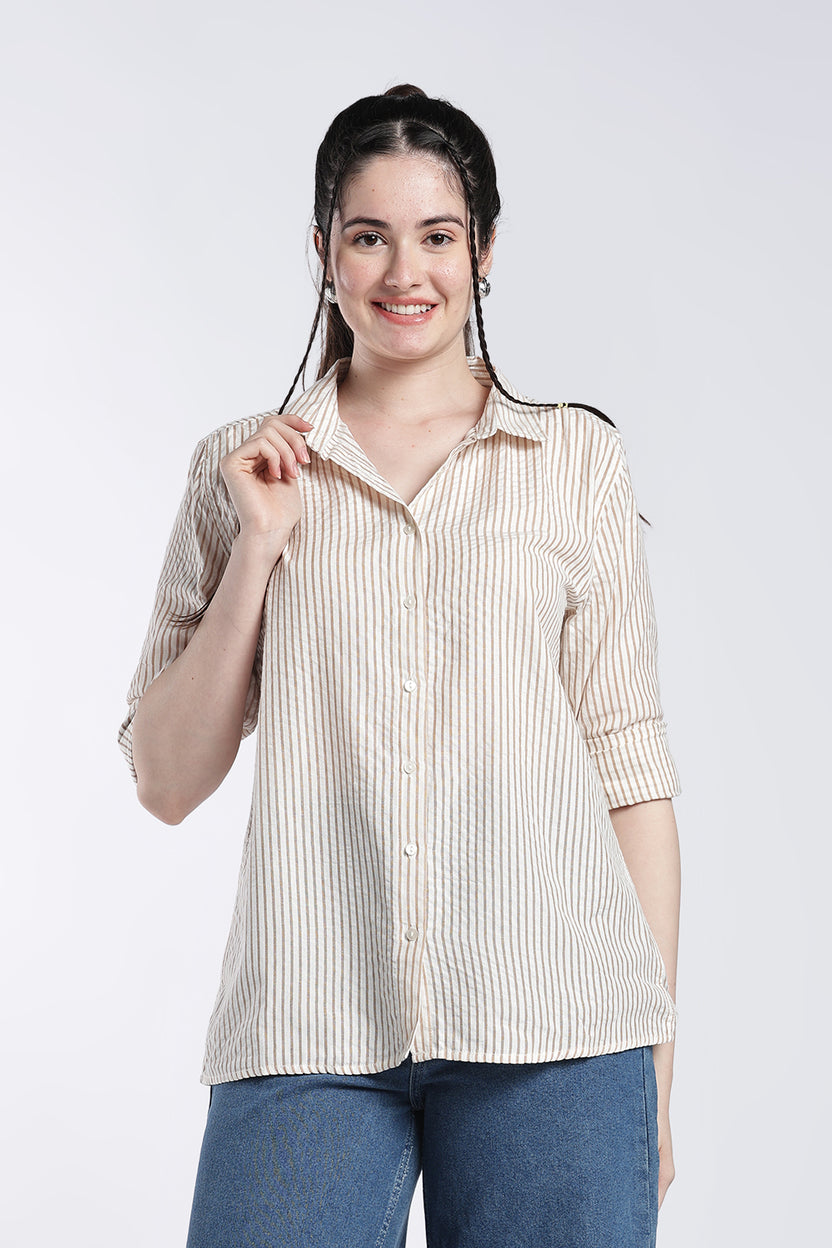 Beige Stripes Regular Fit Shirt For Women - Image 2