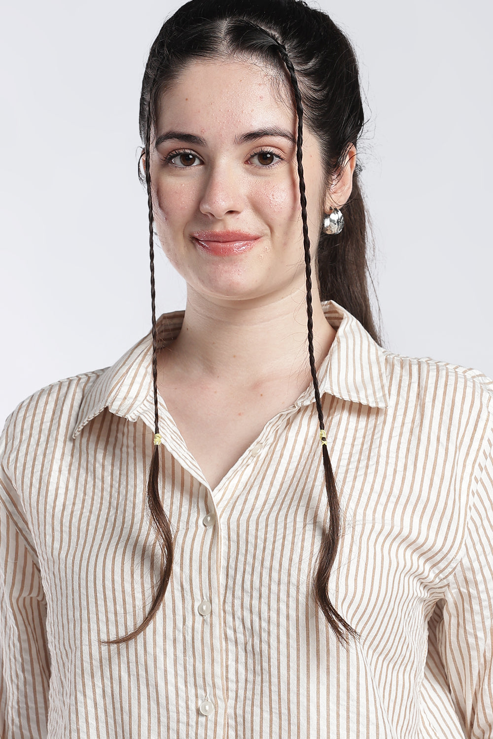 Beige Stripes Regular Fit Shirt For Women - Image 3