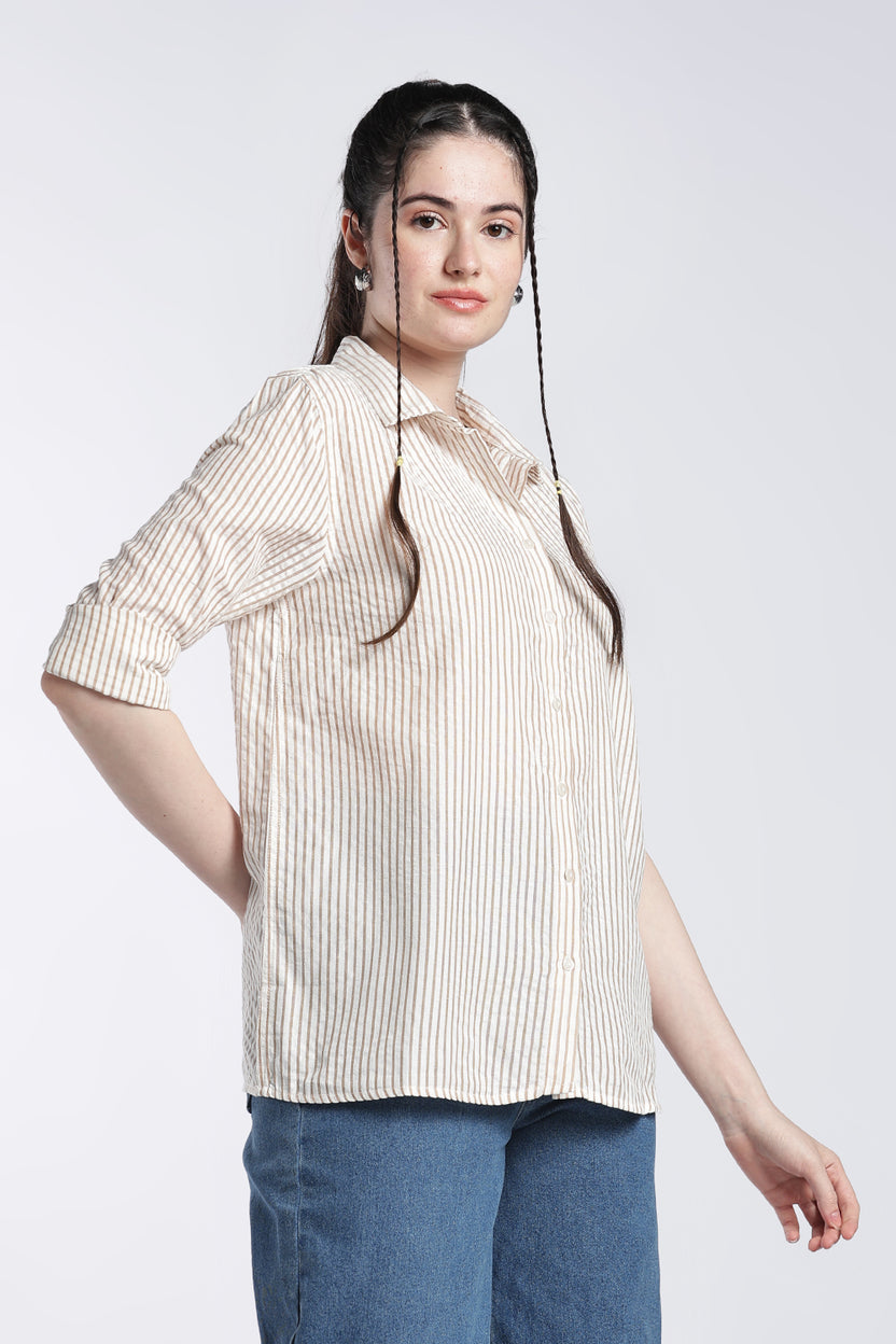Beige Stripes Regular Fit Shirt For Women - Image 4