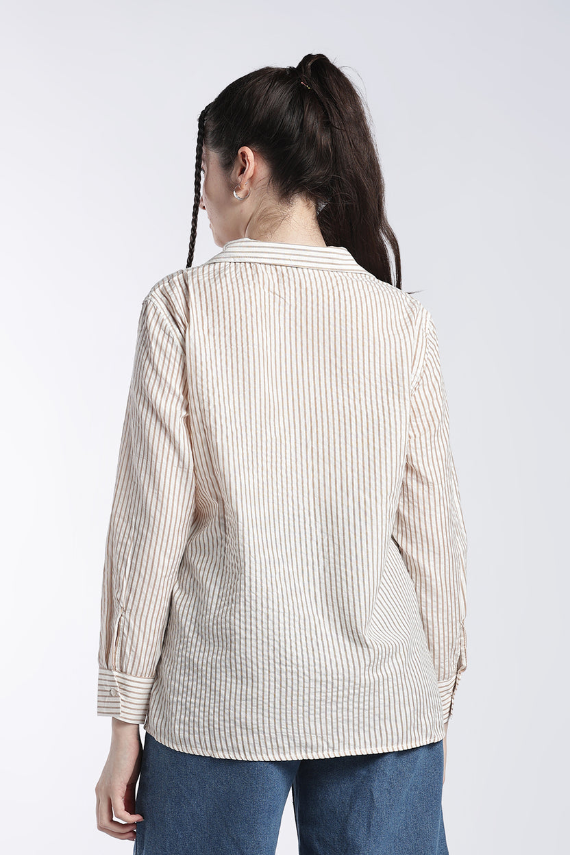 Beige Stripes Regular Fit Shirt For Women - Image 5