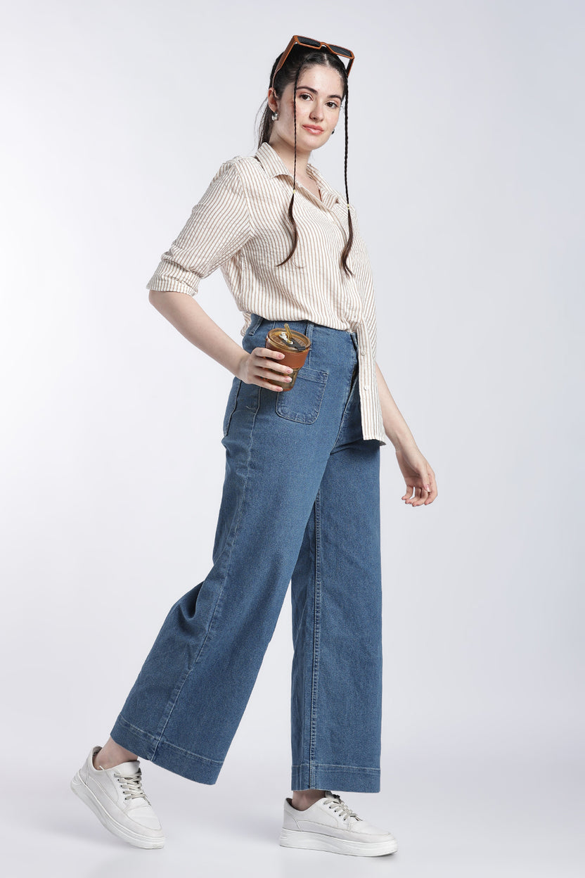 Beige Stripes Regular Fit Shirt For Women - Image 6