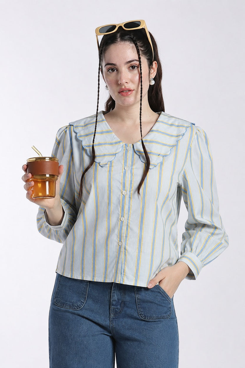 Light Blue Bishop Sleeves Regular Fit Top For Women - Image 1
